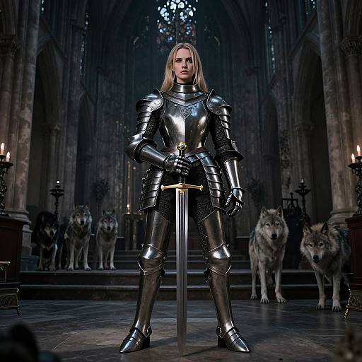 Photorealistic CGI of a blonde woman in shiny silver armor standing in a gothic cathedral, holding a sword, flanked by wolves.