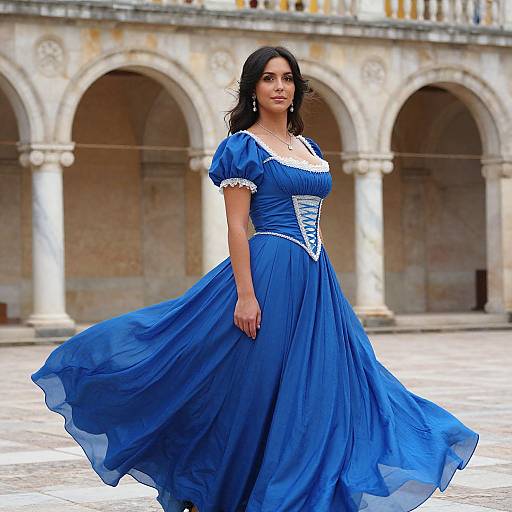 Photograph of a dark-haired woman in a flowing blue ball gown with white lace trim, standing in a stone courtyard with arched columns.