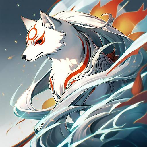 Illustration of Amaterasu (ookami), ookami (game) in the style of Mitake eil