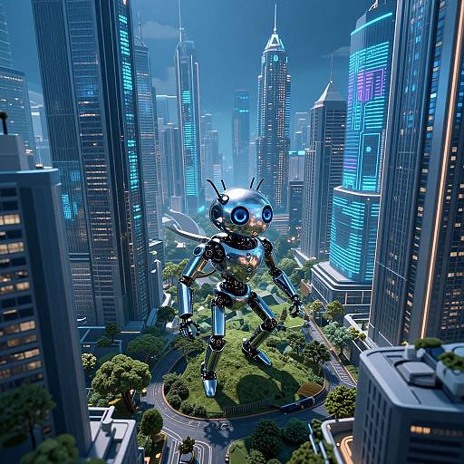 CGI image of a futuristic, blue-lit robot with antennae standing in a lush urban park amidst towering, neon-lit skyscrapers.