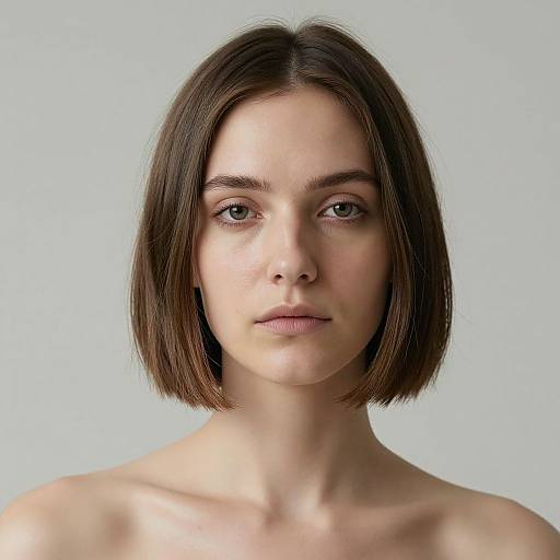 Photograph of a young woman with fair skin, straight brown bob haircut, and neutral expression, against a light gray background. She is topless,