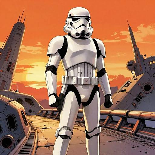 Digital art of a white-armored Stormtrooper standing on a sunset-lit, damaged spaceship deck with orange sky, futuristic ruins, and cylindrical structures