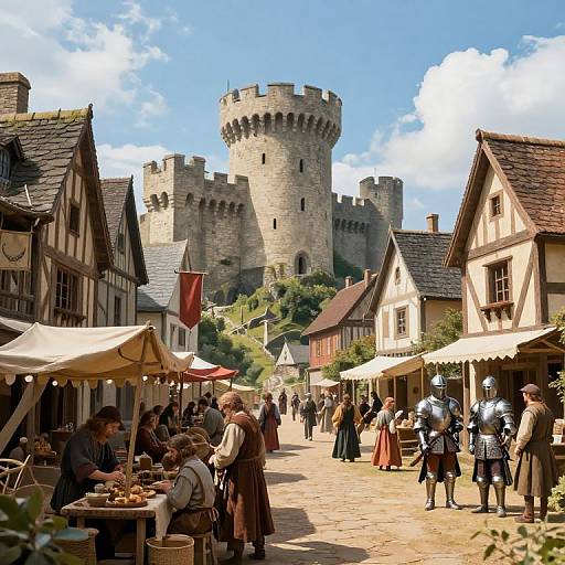 Medieval market scene with villagers in period clothing, under market stalls, and castle in the background on a sunny day.