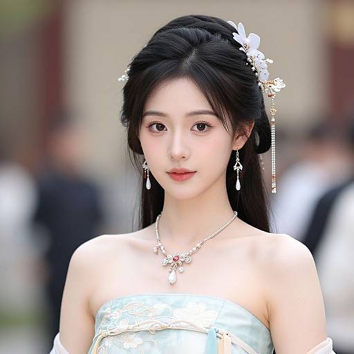 Photograph of an East Asian woman with long black hair, wearing an ornate hairpiece, strapless silver dress, and elegant jewelry, against a