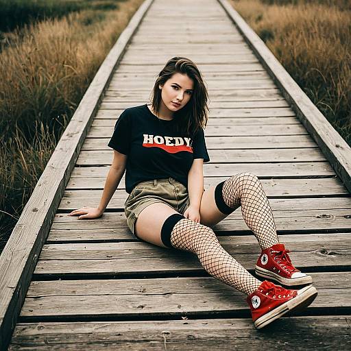 Teen Girl Sitting on Wooden Boardwalk in Casual Fashion