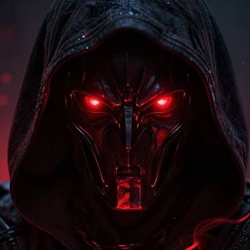 Close-up photograph of a dark, menacing figure in a hooded cloak with glowing red eyes and a black, mask-like face.