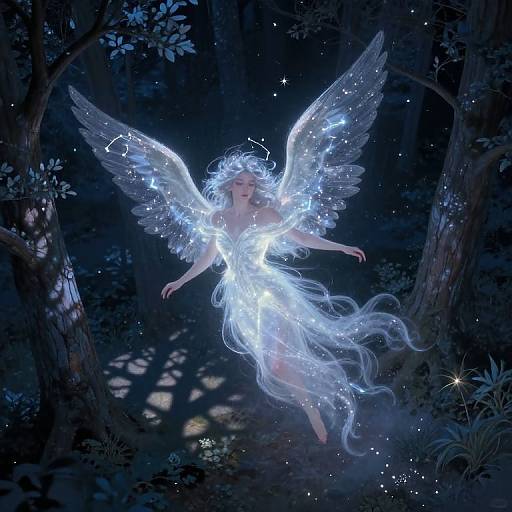 Digital fantasy artwork of a glowing, ethereal blue-winged angel with flowing white hair and dress, floating in a dark, enchanted forest.