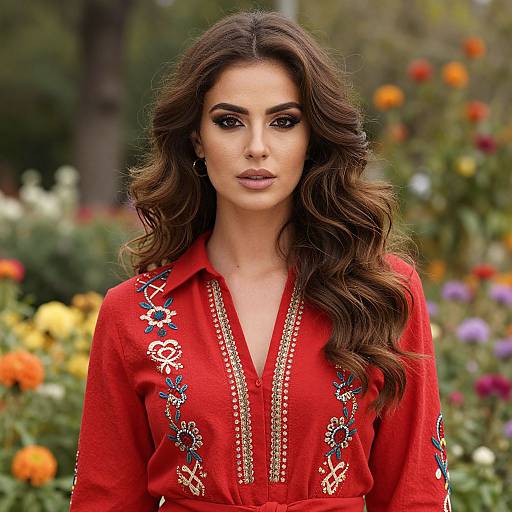 Photograph of a beautiful woman with long, wavy brown hair, wearing a red embroidered blouse, standing in a colorful garden.