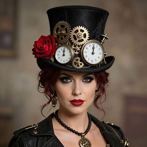 Steampunk Woman with Gear-Adorned Top Hat