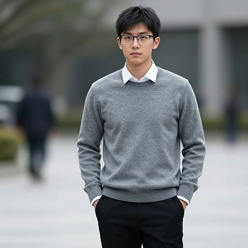 Photograph of an Asian man with black hair and glasses, wearing a gray sweater over a white collared shirt, black pants, standing outdoors with blurred