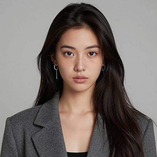 Photograph of an East Asian woman with long black hair, wearing a gray blazer and black top, against a plain light gray background. She has