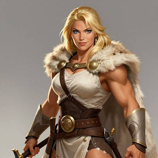Digital art of a muscular, blonde, blue-eyed warrior woman with fur-trimmed white and brown armor, holding a sword, grey background.