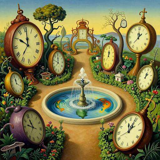 Surreal Garden with Melting Clocks