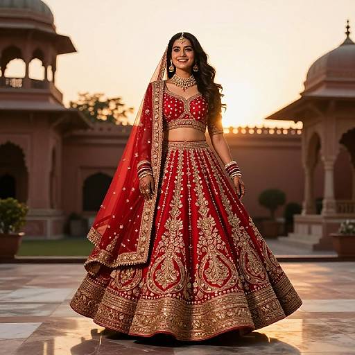 Photograph of a smiling South Asian woman in a red and gold traditional lehenga and dupatta, standing in an ornate, sunlit courtyard with