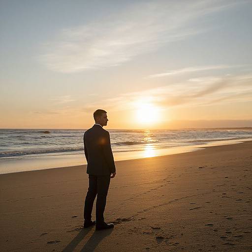 Silhouetted man in a suit stands on a sandy beach, gazing at a glowing sunset over the ocean. Photograph.