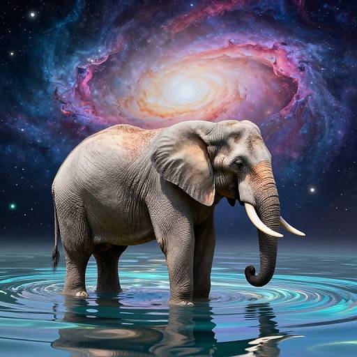 Photorealistic digital art of an elephant standing in calm water, with a vibrant, cosmic galaxy and bright star in the background.