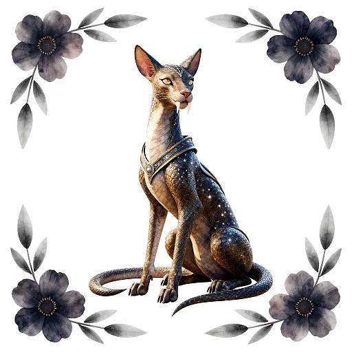 Fantasy Serpentine Cat with Dark Flowers