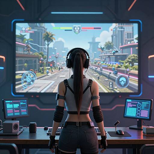 Digital art: Woman with long ponytail, headphones, black crop top, and shorts, gaming in futuristic room, facing VR cityscape on large screen