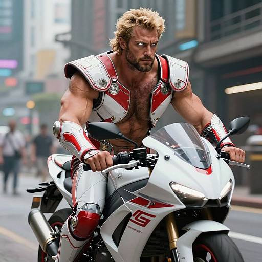 Muscular, blond bearded man with red and white armored vest rides white motorcycle on urban street, blurred pedestrians and buildings in background. Photorealistic