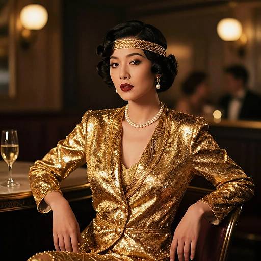 Photograph of a glamorous woman in a gold sequined blazer, pearl necklace, and headband, seated in a dimly lit bar with a