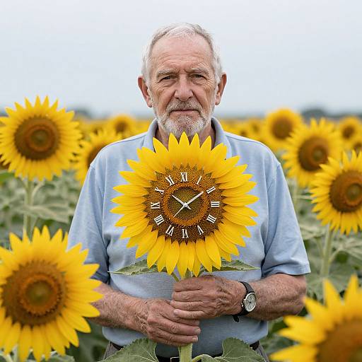 Elderly man with gray beard holding large sunflower with clock face, standing in vibrant sunflower field, wearing light blue shirt. Photograph.