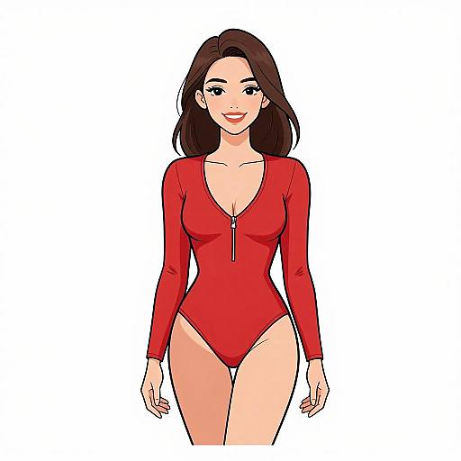 Digital anime-style drawing of a smiling woman with long brown hair, wearing a red long-sleeve, zip-up bodysuit, standing against a