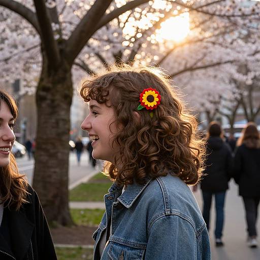 Street-Style Laugh Near Cherry Blossoms