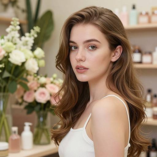 Photograph of a young woman with long, wavy brown hair, wearing a white tank top, standing in a softly lit floral shop. Background features