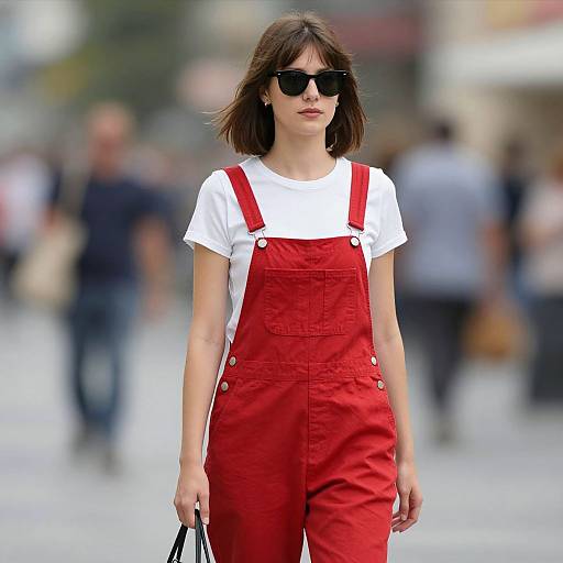 Photograph of a young woman with shoulder-length brown hair, wearing black sunglasses, white t-shirt, and red overalls, walking in a busy urban
