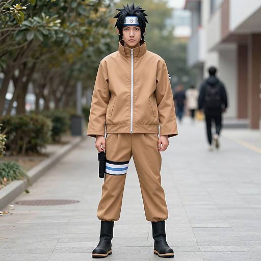 Photorealistic CGI of Naruto Uzumaki in brown shinobi outfit, black boots, headband, standing on urban sidewalk, blurred background.