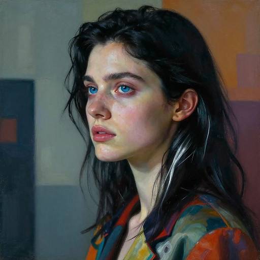 Digital painting of a pensive young woman with pale skin, blue eyes, and long black hair, wearing a colorful plaid shirt, against a blurred