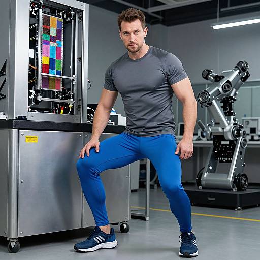 Photograph of a muscular, bearded man with short brown hair, wearing a gray t-shirt, blue leggings, and black sneakers, posing in a