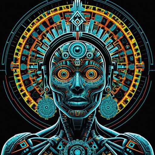 Cybernetic Mayan Female Robot with Psychedelic Halo