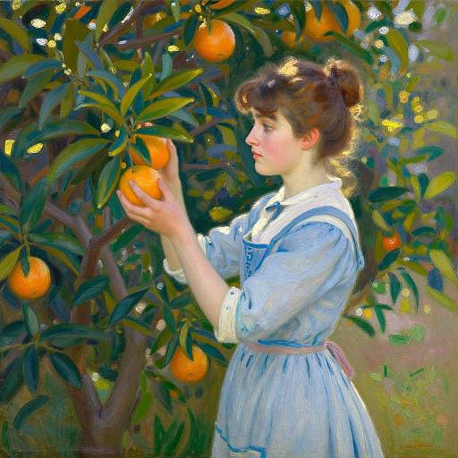 Serene Impressionist Woman Picking Oranges