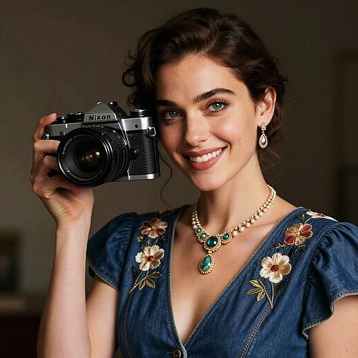 Photograph of a smiling woman with dark hair, holding a Canon camera, wearing a blue embroidered dress, green necklace, and earrings.