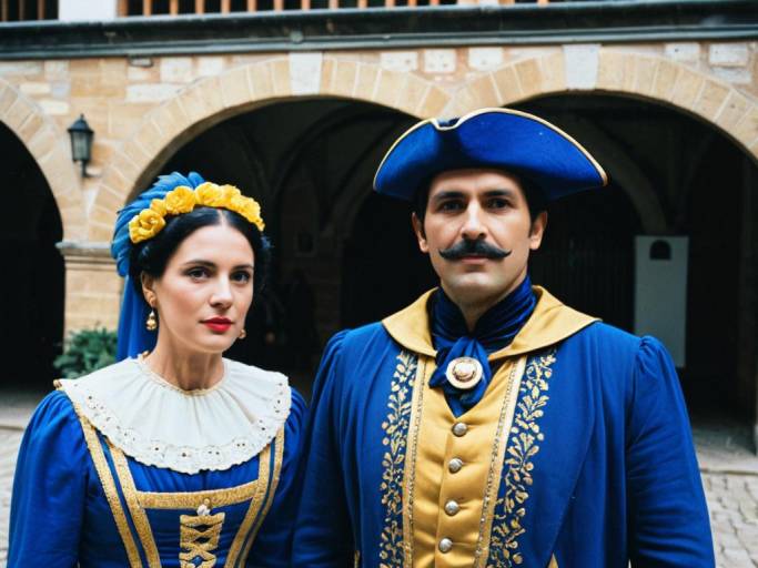 Couple in Blue and Gold Historical Costumes