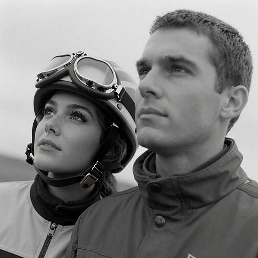 Black and White Portrait of Couple Wearing Helmet and Jacket