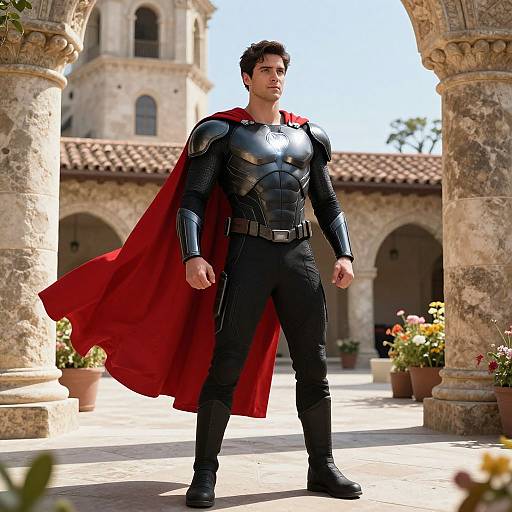 Confident Superhero in Sunlit Courtyard