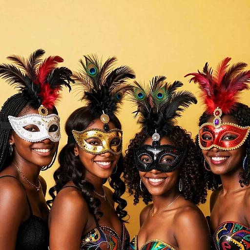 Photograph of four smiling Black women wearing colorful, peacock-feathered masquerade masks, sequined tops, and vibrant jewelry against a yellow