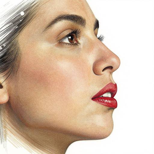 Digital close-up portrait of a woman with fair skin, brown eyes, dark eyebrows, red lipstick, and dark hair, gazing to the right against