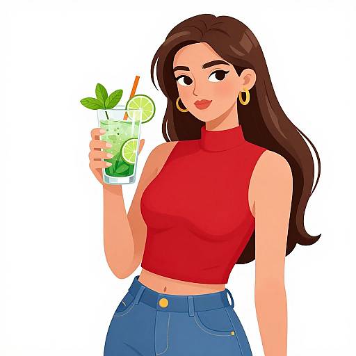 Digital illustration of a smiling woman with long brown hair, wearing a red sleeveless turtleneck and blue jeans, holding a green cocktail with a lime