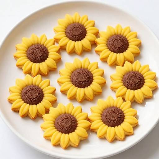 Photograph of six yellow sugar cookies with brown centers, shaped like sunflowers, arranged on a white plate. Bright, vibrant colors.