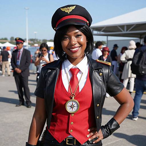 Photograph of a smiling Black woman in a pilot costume with red vest, black leather jacket, and cap, wearing a compass necklace, standing outdoors with