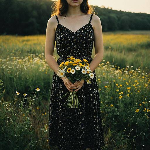 Woman Holding Wildflower Bouquet in Field