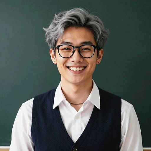 Photorealistic Smirking Gray-Haired Asian Student