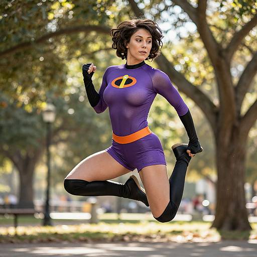 Digital art of a curvy, athletic woman with short brown hair, wearing a tight purple superhero suit with an orange belt and black gloves, leaping