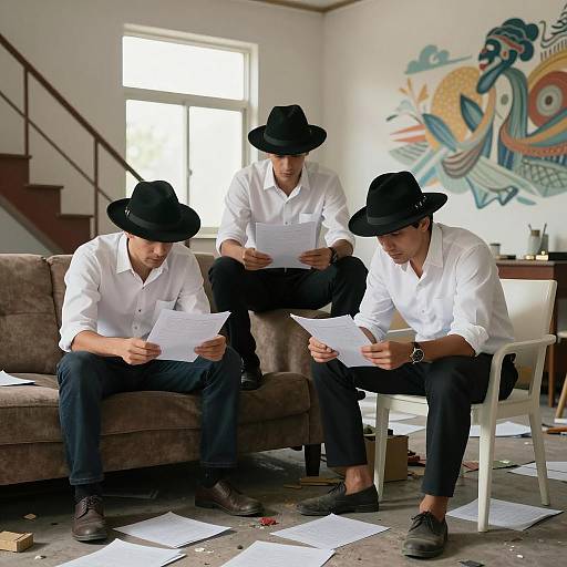 Two Men Reading Papers in Messy Room