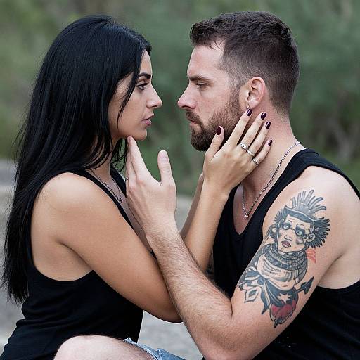 Photograph of a black-haired woman with dark nails gently touching a bearded man's face, both wearing black tank tops, showcasing his colorful tattoo on