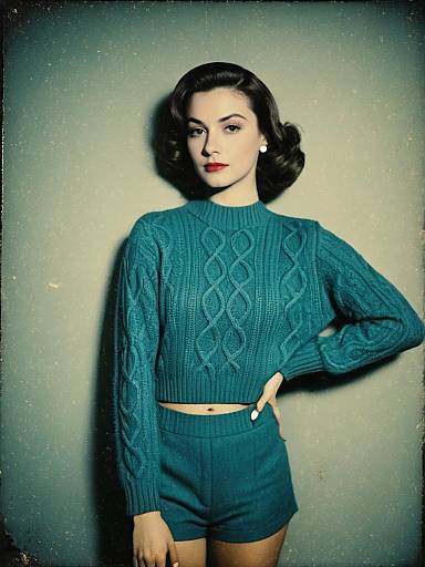 Woman in teal cable knit two-piece set