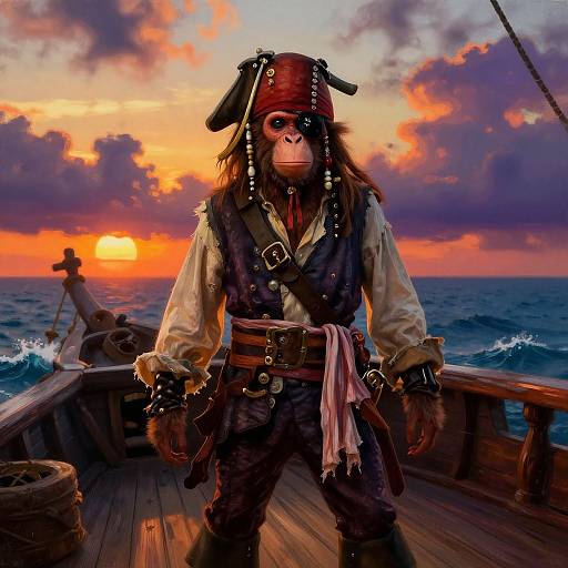 Digital artwork of a pirate with monkey face, wearing a red hat, eye patch, and tattered clothes, standing on a wooden ship deck at sunset
